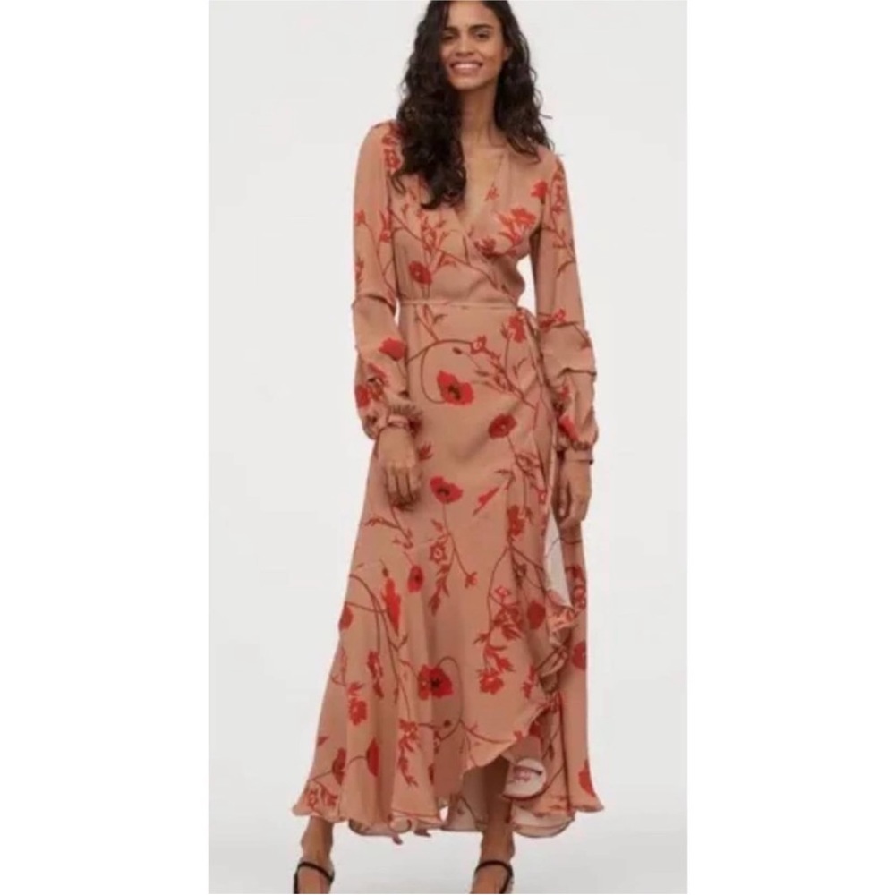 NEW Johanna Ortiz x H&M Beige Red Poppy Floral Wrap Maxi Dress